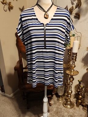 Robert Louis Striped V-Neck Zip Top - Blue, Black & White